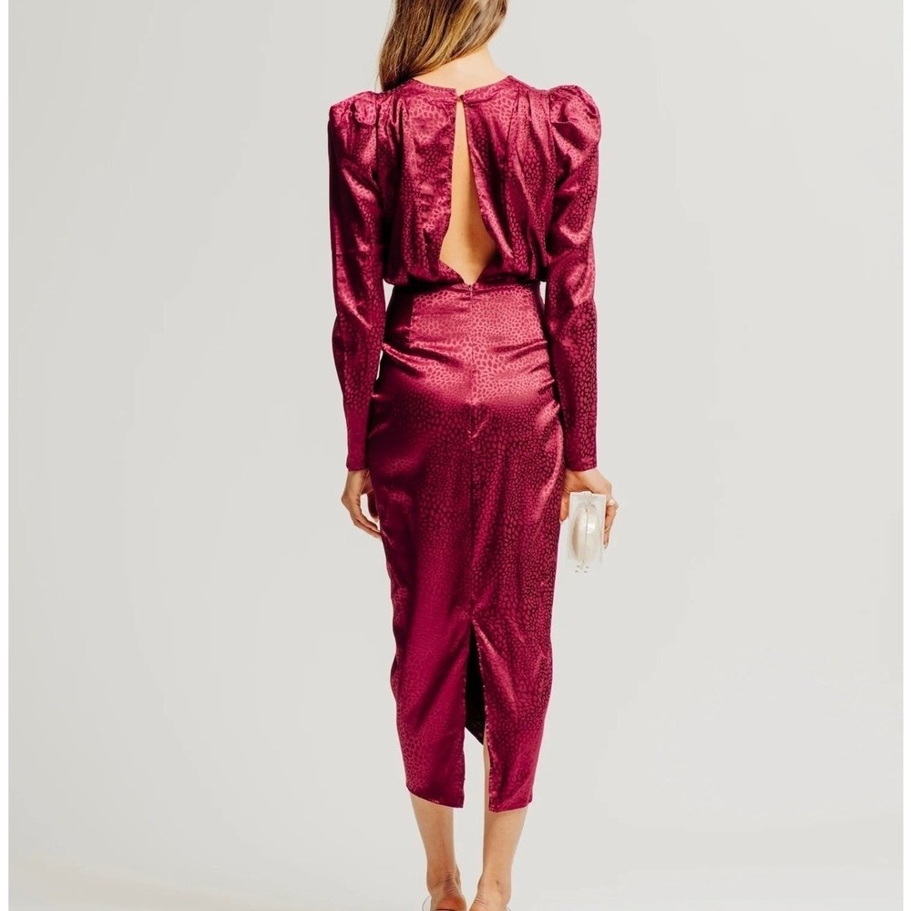 Ronny Kobo Astrid Large Dress Wine Animal Jacquard Ruched Puff Sleeve Midi Dress - Picture 2 of 12